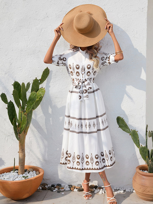 Ethnic Printed Half-Sleeve Midi Dress – Lightweight Woven Fabric for Spring & Summer