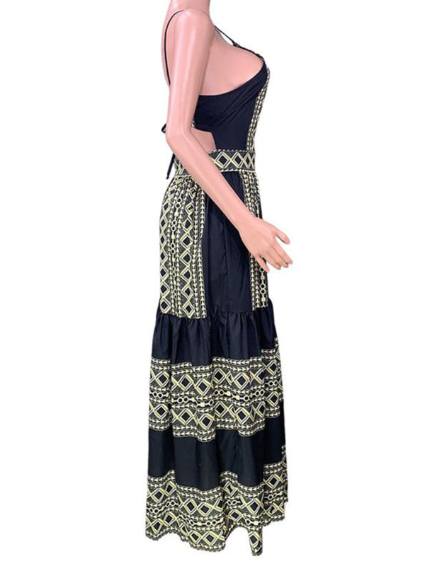 Bohemian Ethnic Print Halter Neck Maxi Dress – Sleeveless & Flowy