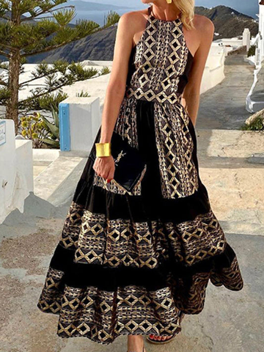 Bohemian Ethnic Print Halter Neck Maxi Dress – Sleeveless & Flowy
