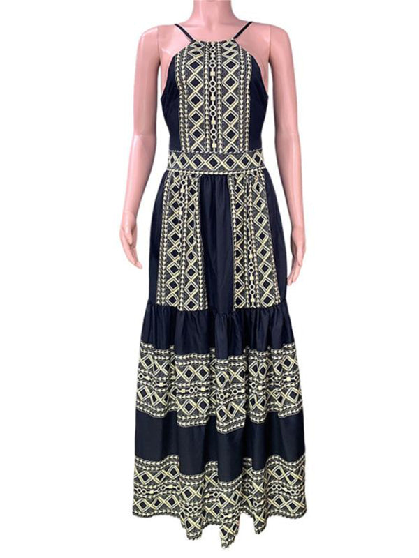 Bohemian Ethnic Print Halter Neck Maxi Dress – Sleeveless & Flowy