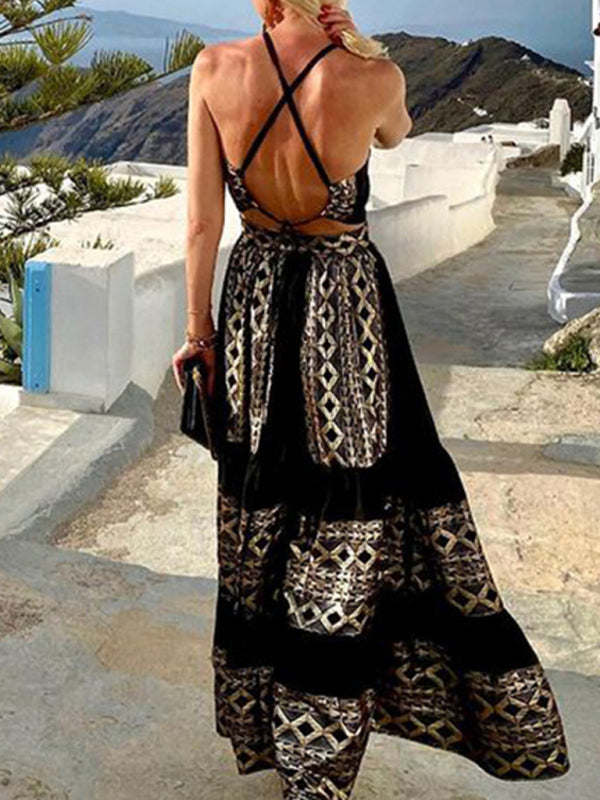 Bohemian Ethnic Print Halter Neck Maxi Dress – Sleeveless & Flowy