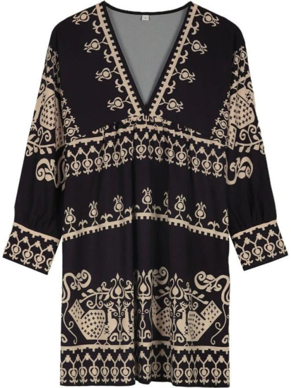 Bohemian Ethnic-Print Midi Dress – V-Neck, 3/4 Sleeves, Lightweight Spring Style