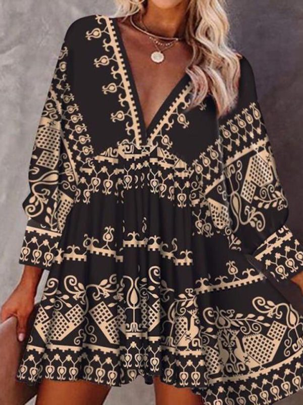 Bohemian Ethnic-Print Midi Dress – V-Neck, 3/4 Sleeves, Lightweight Spring Style