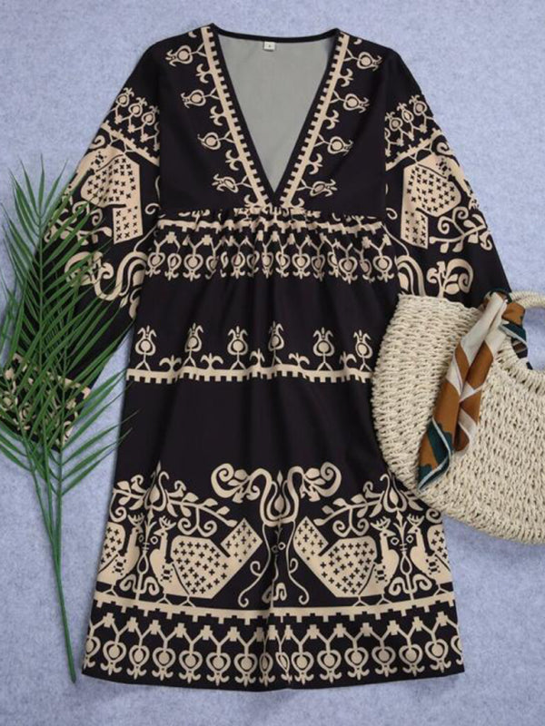 Bohemian Ethnic-Print Midi Dress – V-Neck, 3/4 Sleeves, Lightweight Spring Style