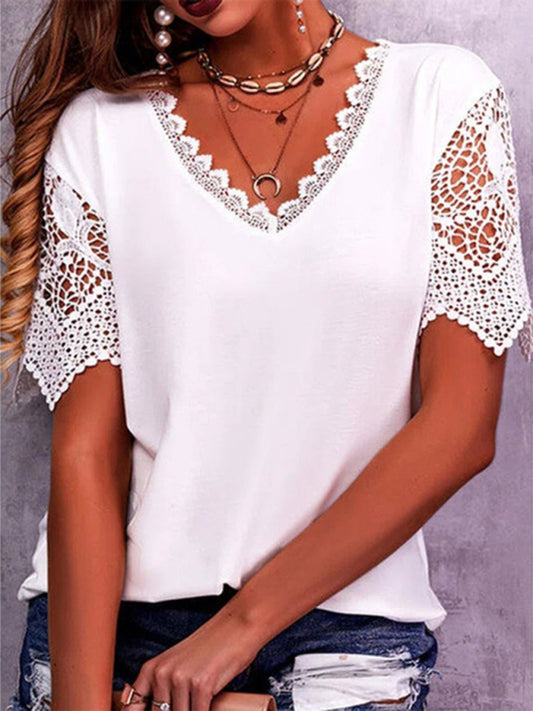 Women's Lace Trim V-Neck Short Sleeve Top