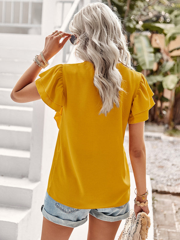 Women's V-Neck Ruffle Short Sleeve Blouse