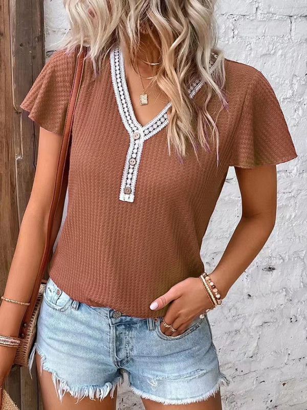 Women's Casual Fly Fly Sleeve Waffle Stitching Top Short Sleeve T-Shirt