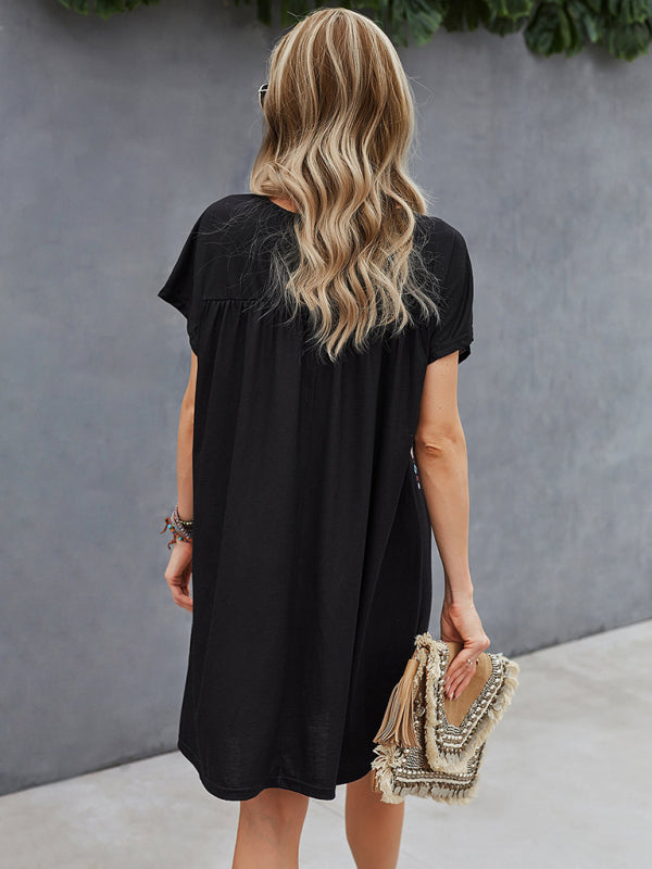 Floral Knit Holiday Dress – Round Neck, Short Sleeves, Retro Style