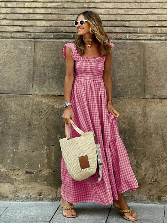 Plaid Swing Dress with Elastic Waist – Sleeveless Summer Midi Dress