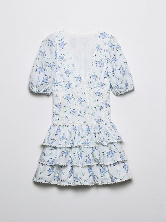 Embroidered V-Neck Sleeveless Midi Dress – Blue Floral, Spring-Summer Style