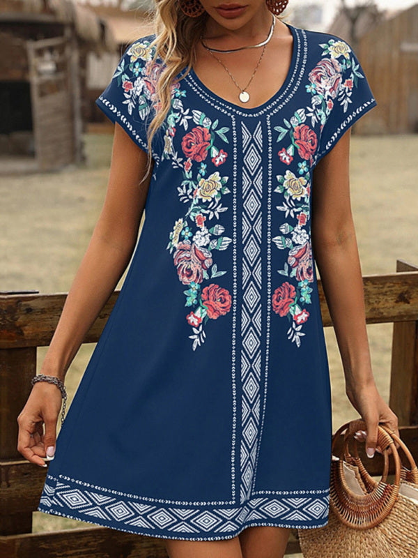 Vintage Floral Lounge Dress – Short Sleeve, V-Neck Knit for Spring & Summer