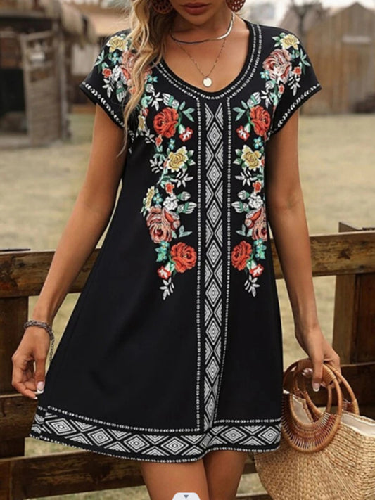 Vintage Floral Lounge Dress – Short Sleeve, V-Neck Knit for Spring & Summer