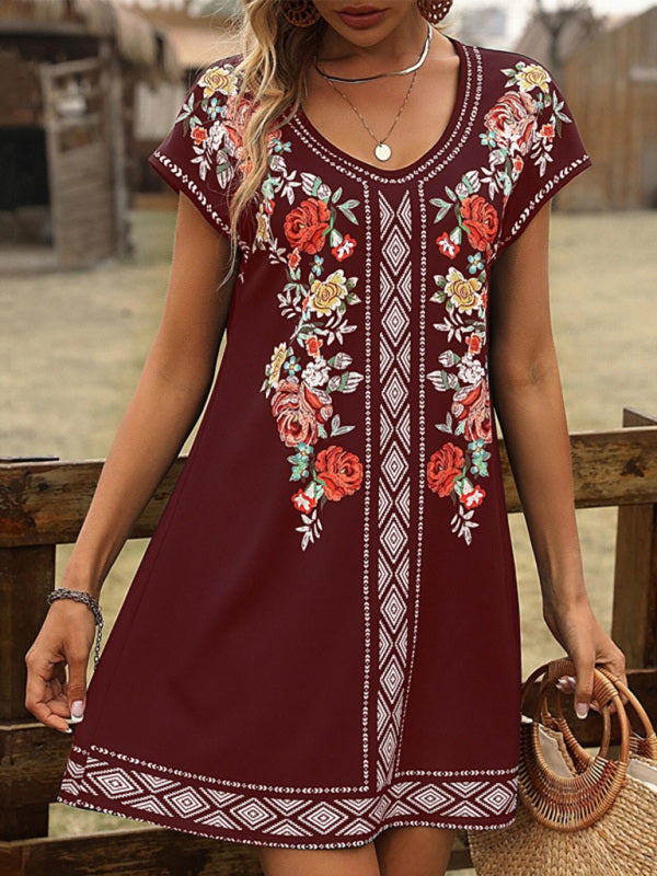 Vintage Floral Lounge Dress – Short Sleeve, V-Neck Knit for Spring & Summer