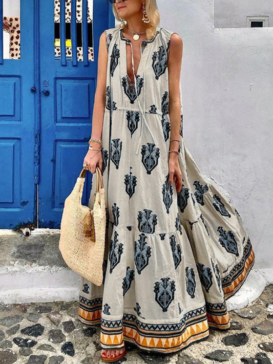 Sleeveless Bohemian Midi Dress – V-Neck, Folk Print & Flowy Fit