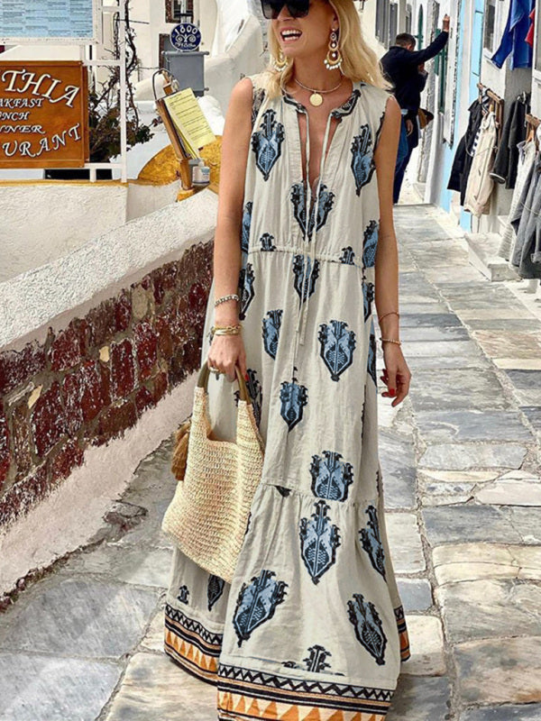 Sleeveless Bohemian Midi Dress – V-Neck, Folk Print & Flowy Fit