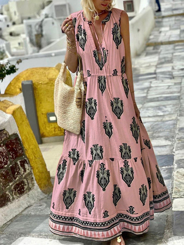 Sleeveless Bohemian Midi Dress – V-Neck, Folk Print & Flowy Fit