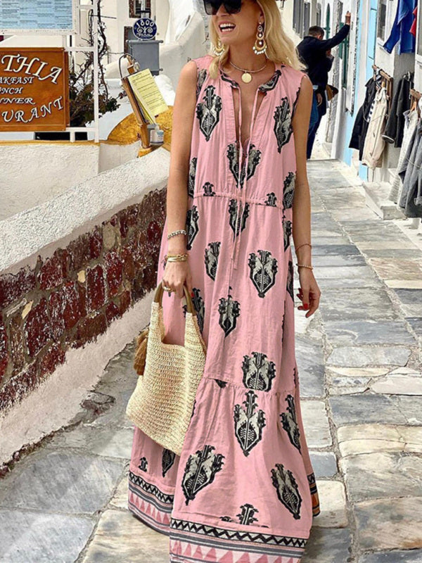 Sleeveless Bohemian Midi Dress – V-Neck, Folk Print & Flowy Fit