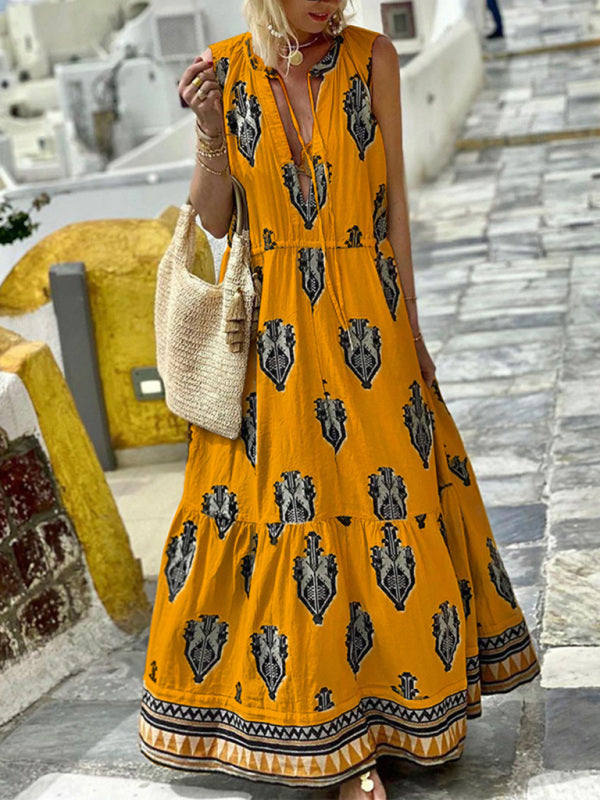 Sleeveless Bohemian Midi Dress – V-Neck, Folk Print & Flowy Fit