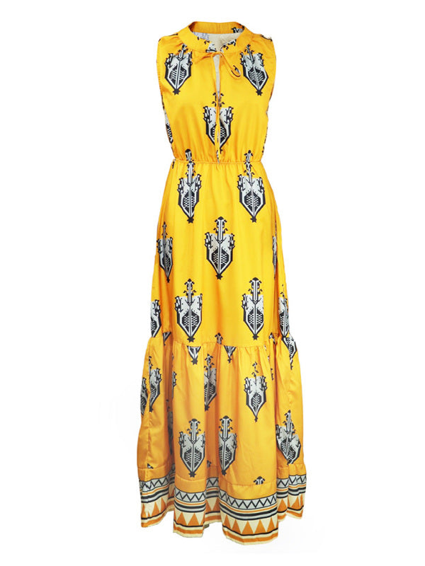 Sleeveless Bohemian Midi Dress – V-Neck, Folk Print & Flowy Fit