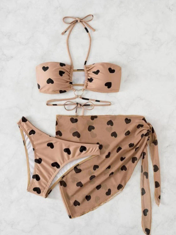 Heart Print 3-Piece Bikini Set – Cracker Khaki Swim Top, Bottom & Cover-Up