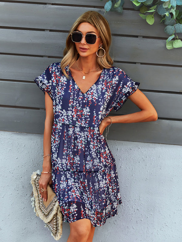 Floral V-Neck Chiffon Dress – Lightweight A-Line with Dropped Sleeves