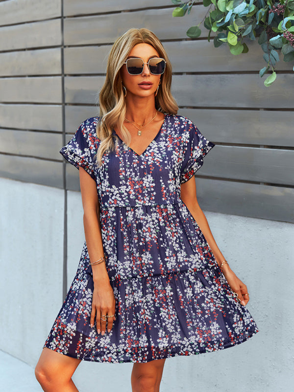 Floral V-Neck Chiffon Dress – Lightweight A-Line with Dropped Sleeves