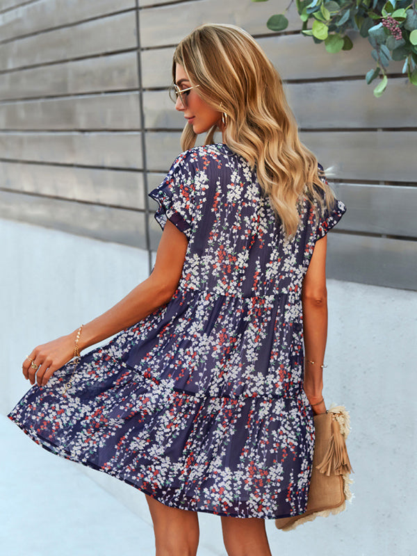 Floral V-Neck Chiffon Dress – Lightweight A-Line with Dropped Sleeves