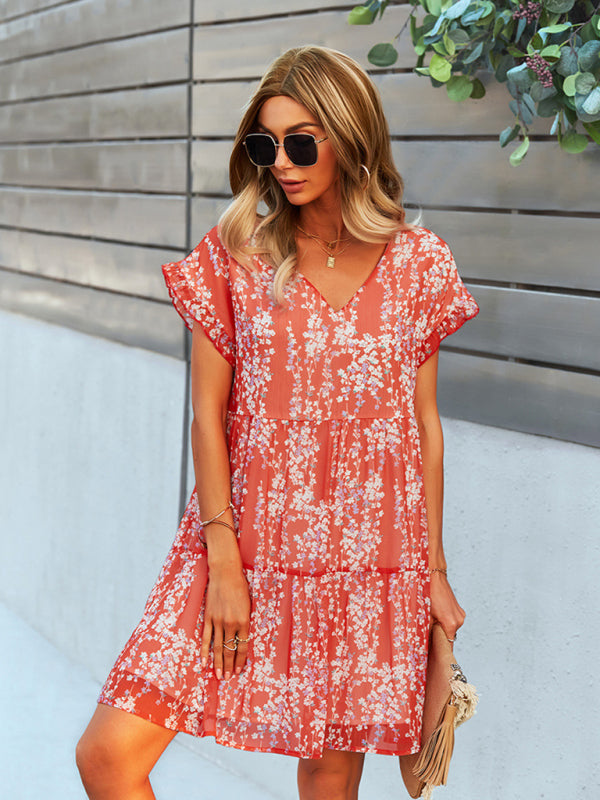 Floral V-Neck Chiffon Dress – Lightweight A-Line with Dropped Sleeves