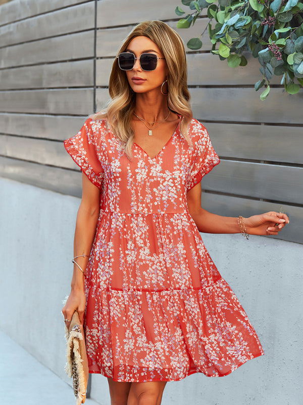 Floral V-Neck Chiffon Dress – Lightweight A-Line with Dropped Sleeves