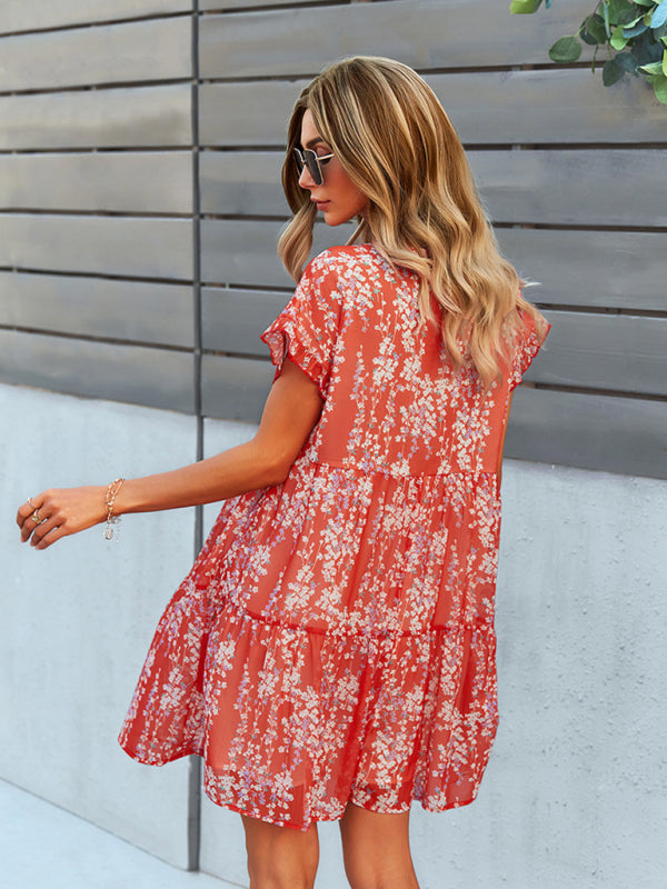 Floral V-Neck Chiffon Dress – Lightweight A-Line with Dropped Sleeves