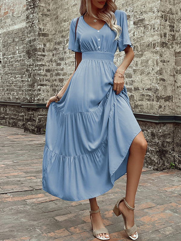 Blue V-Neck Sleeveless Mid-Length Dress – Lightweight Rayon for Summer