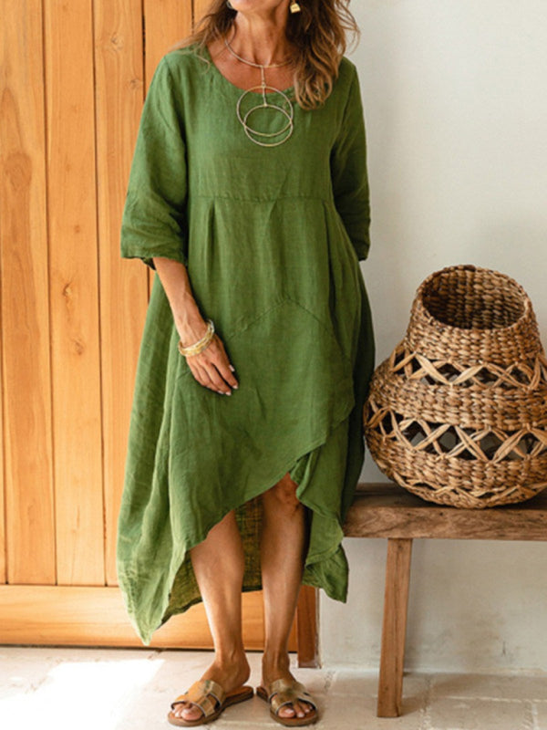 Solid Color Three-Quarter Sleeve Mid-Length Dress – Lightweight & Relaxed Fit