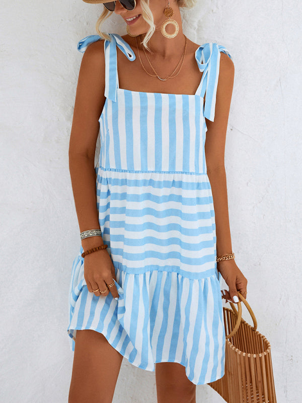 Woven Stripe Stitching Sleeveless Midi Dress - Lightweight Summer Casual Look