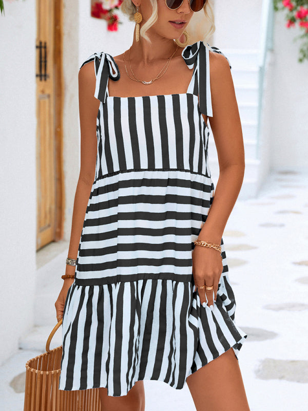Woven Stripe Stitching Sleeveless Midi Dress - Lightweight Summer Casual Look