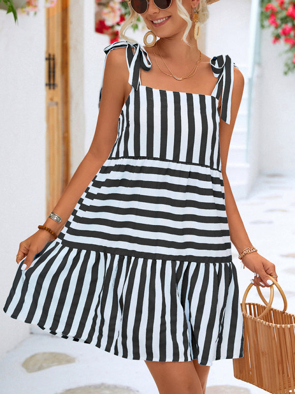Woven Stripe Stitching Sleeveless Midi Dress - Lightweight Summer Casual Look