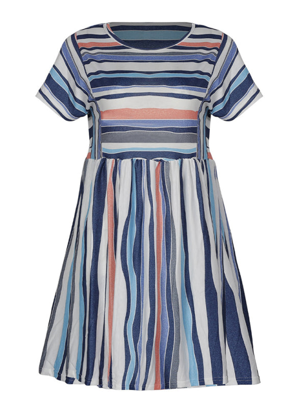 Color-Striped Loose Summer Dress – Short Sleeve, Relaxed Fit, Lightweight