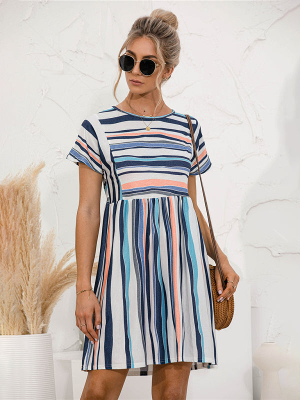 Color-Striped Loose Summer Dress – Short Sleeve, Relaxed Fit, Lightweight