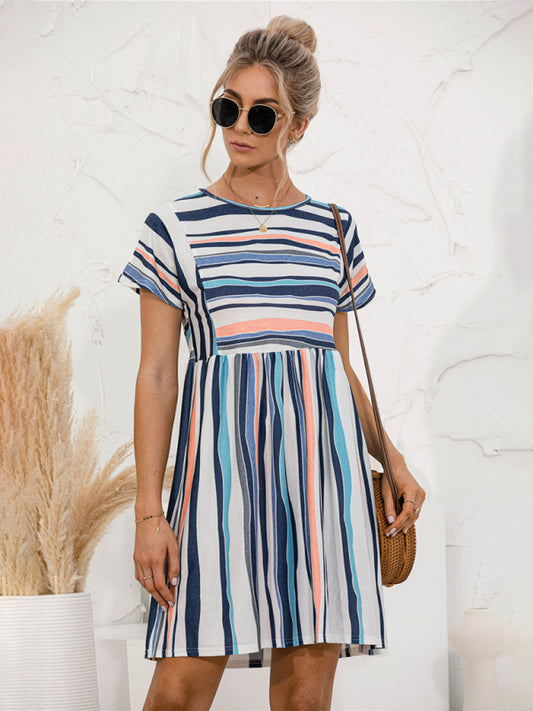Color-Striped Loose Summer Dress – Short Sleeve, Relaxed Fit, Lightweight