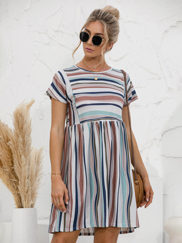 Color-Striped Loose Summer Dress – Short Sleeve, Relaxed Fit, Lightweight