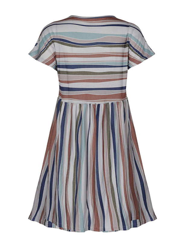 Color-Striped Loose Summer Dress – Short Sleeve, Relaxed Fit, Lightweight