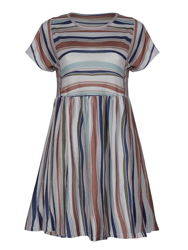 Color-Striped Loose Summer Dress – Short Sleeve, Relaxed Fit, Lightweight