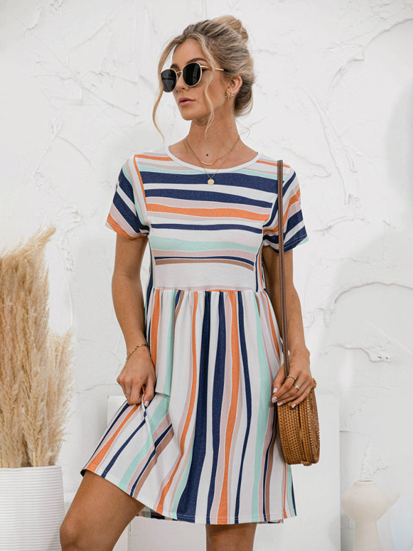 Color-Striped Loose Summer Dress – Short Sleeve, Relaxed Fit, Lightweight