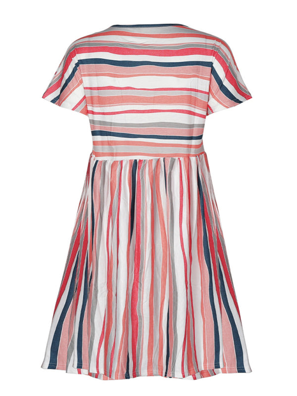Color-Striped Loose Summer Dress – Short Sleeve, Relaxed Fit, Lightweight