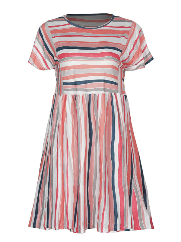Color-Striped Loose Summer Dress – Short Sleeve, Relaxed Fit, Lightweight