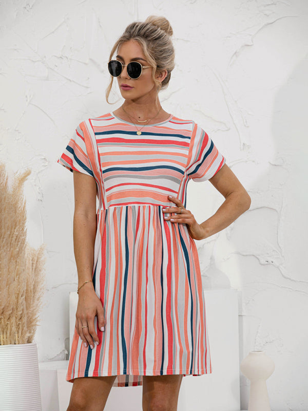 Color-Striped Loose Summer Dress – Short Sleeve, Relaxed Fit, Lightweight