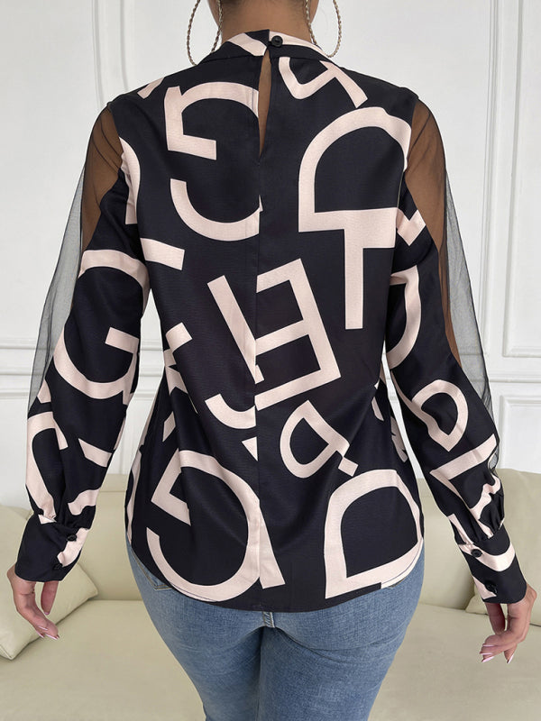 Women's Geometric Mesh Patchwork Long Sleeve Top