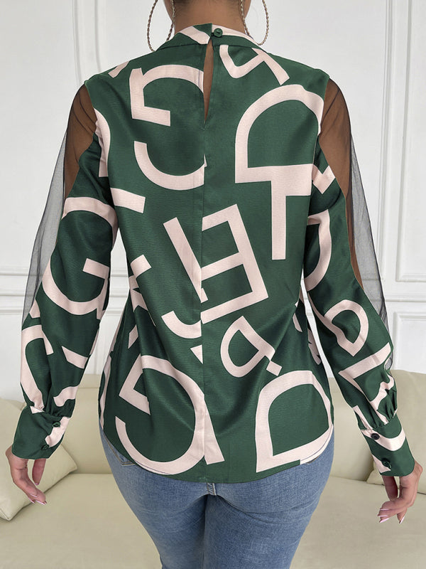 Women's Geometric Mesh Patchwork Long Sleeve Top
