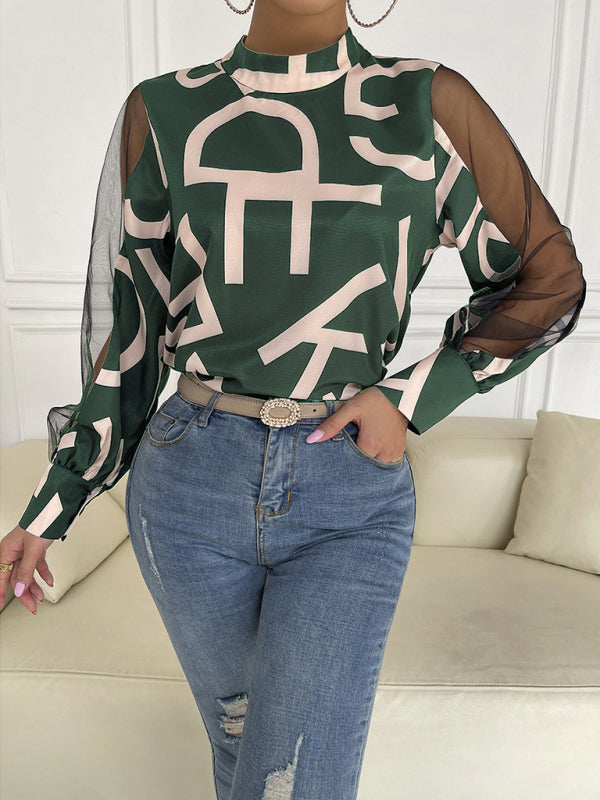 Women's Geometric Mesh Patchwork Long Sleeve Top