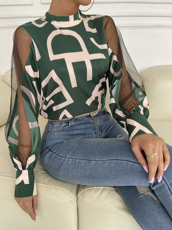 Women's Geometric Mesh Patchwork Long Sleeve Top