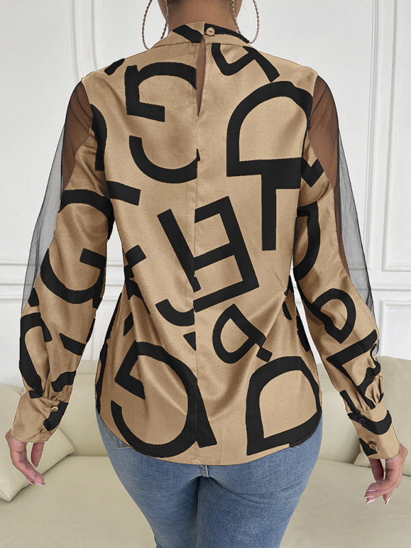 Women's Geometric Mesh Patchwork Long Sleeve Top